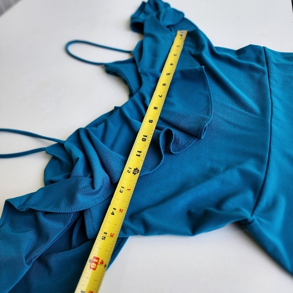 Express Mini Dress Womens Teal Ruffle Cold Shoulder Party Date Night  Stretch XS - Picture 9 of 12